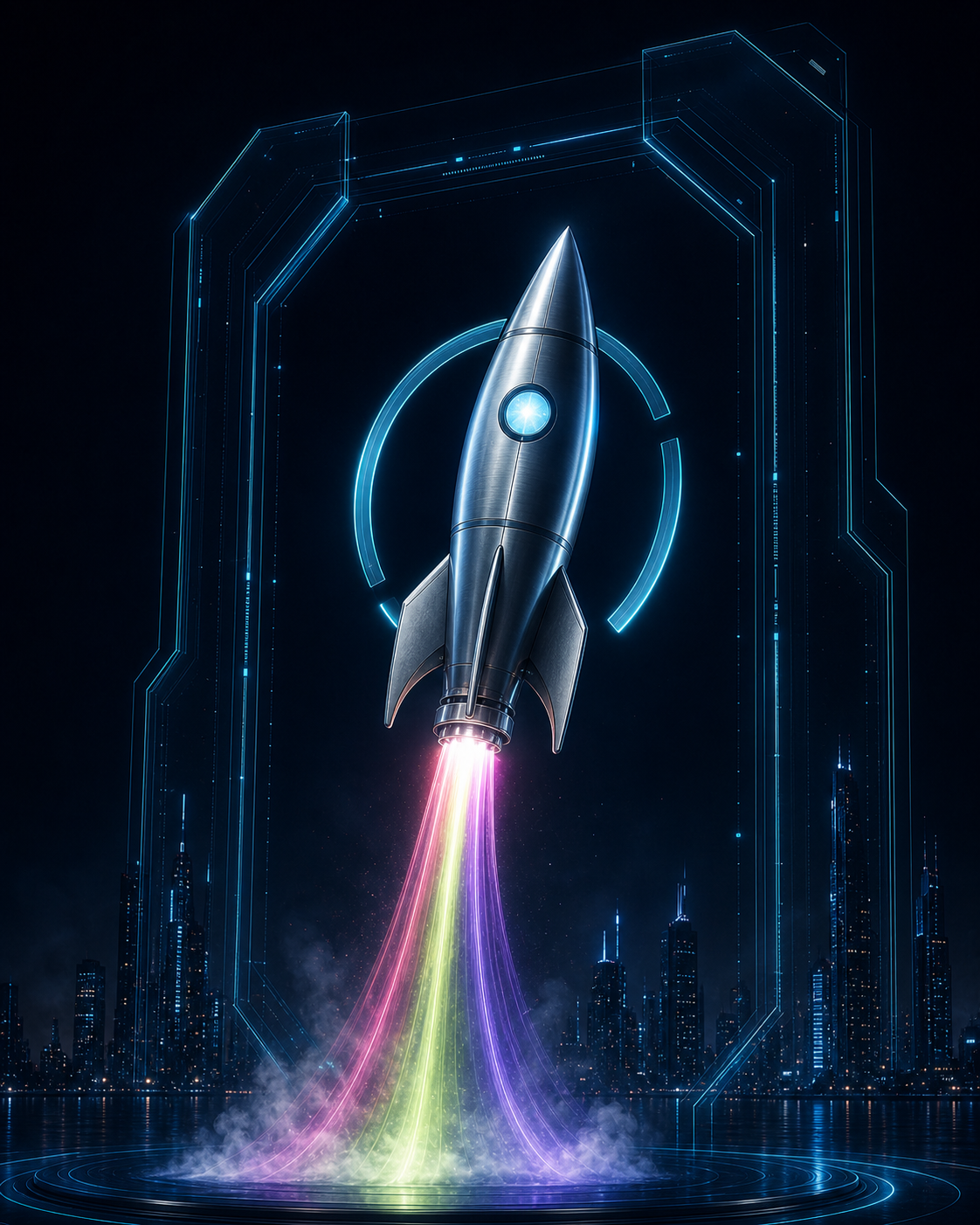Cohete futurista de LeadersBoosters ascendiendo dentro de un portal HUD